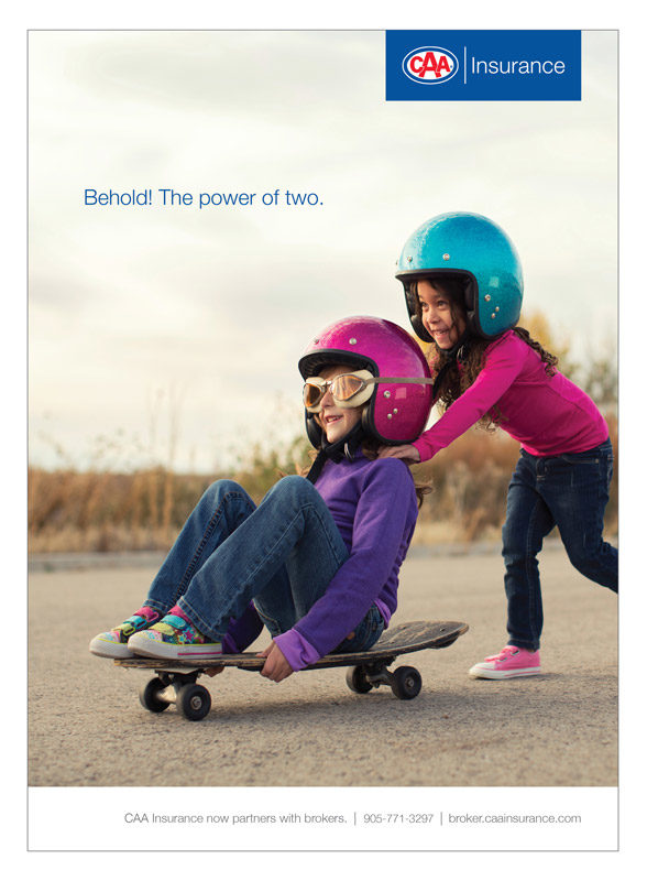 The Power of Two at Play is a Barrett and Welsh ad showing 2 girls, one sitting on a skateboard and the other pushing her along.
