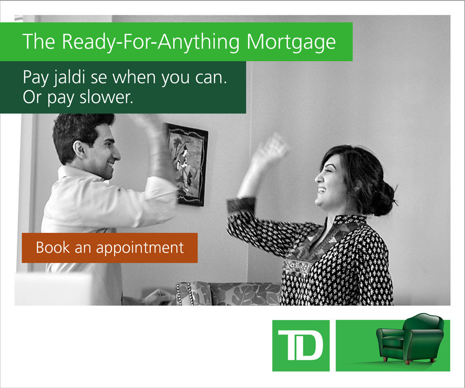 RESL2017_300x250_couple is an ad for TD Ready for Desis mortgages showing a South Asian couple celebrating.